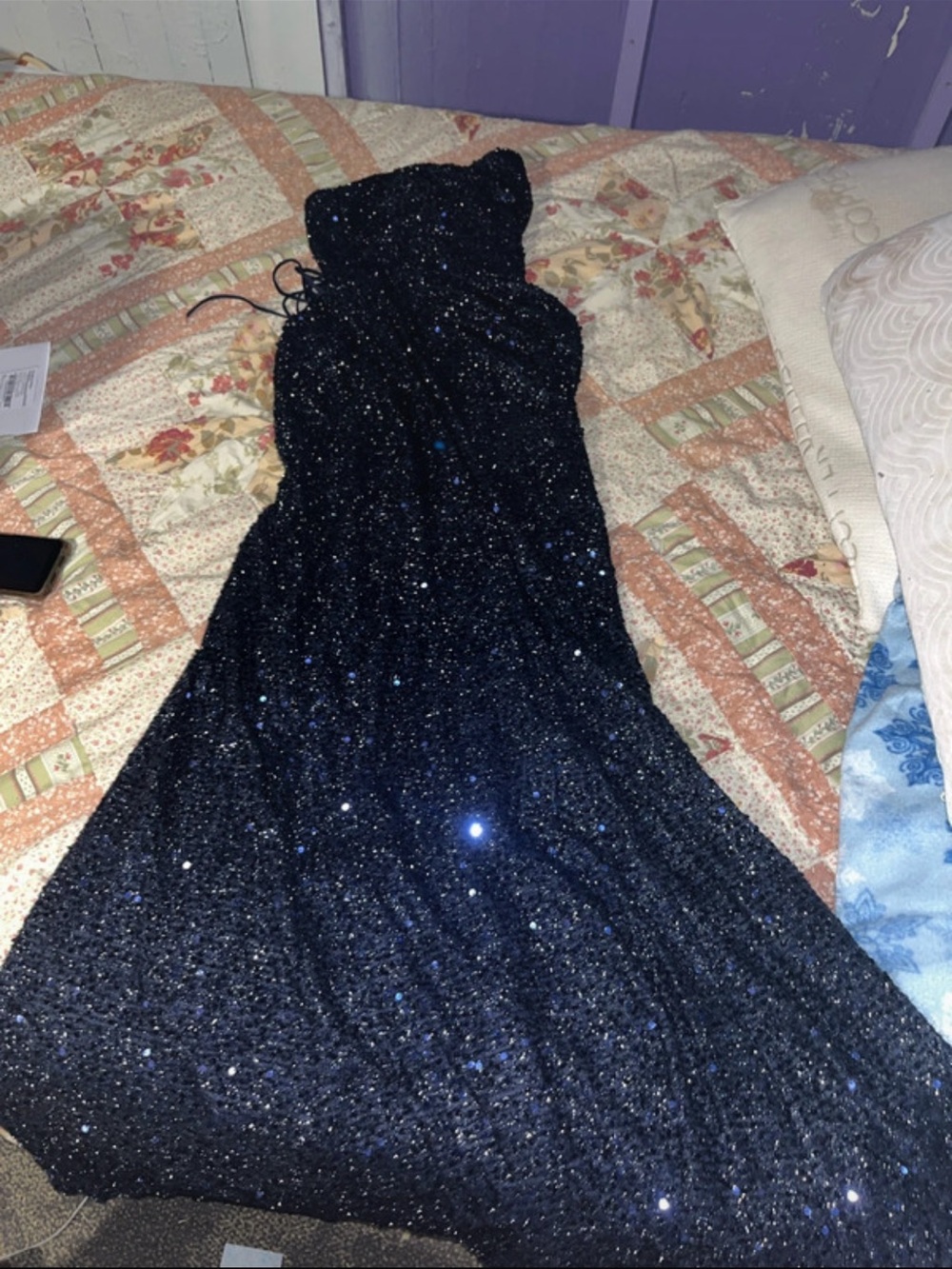 SHEIN Sparkling Navy Blue Strapless Sequin Prom Dress